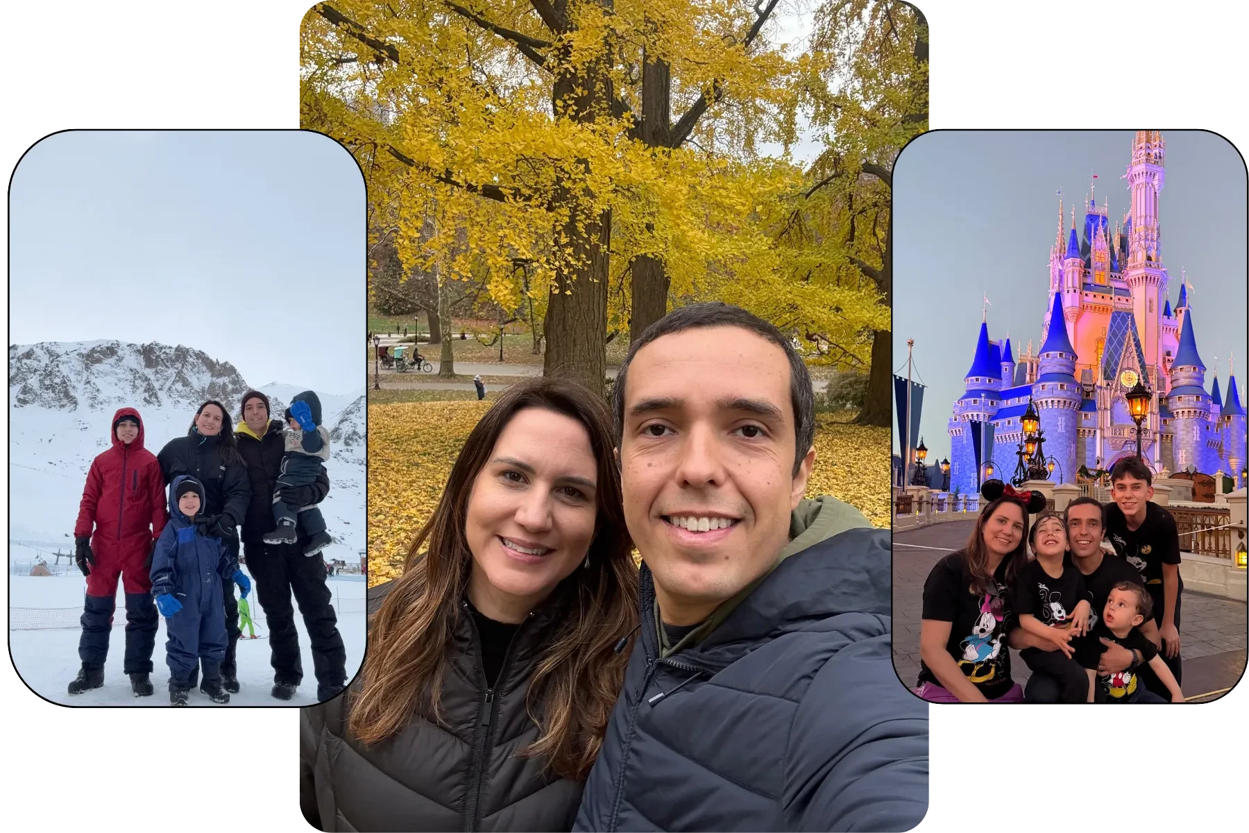Andréia e Wilson em viagens com os filhos: na neve, no outono em Nova York e na Disney