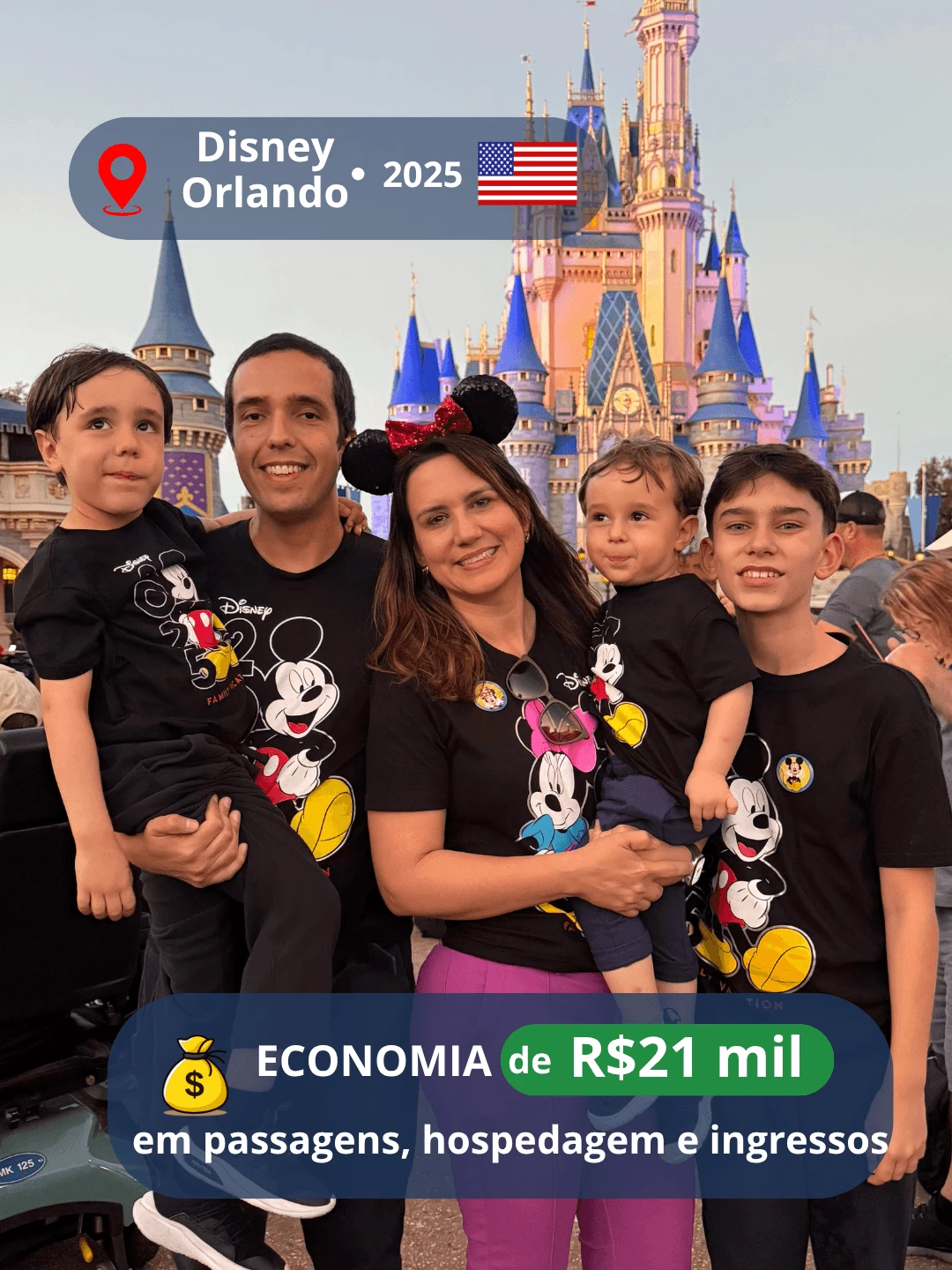 Família na Disney Orlando em 2025, com economia de R$ 21 mil em passagens, hospedagem e ingressos