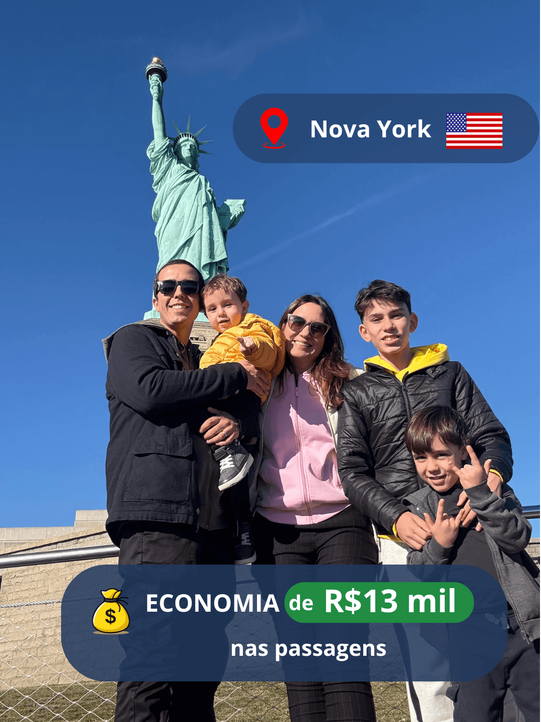 Família em Nova York, com economia de R$ 13 mil nas passagens